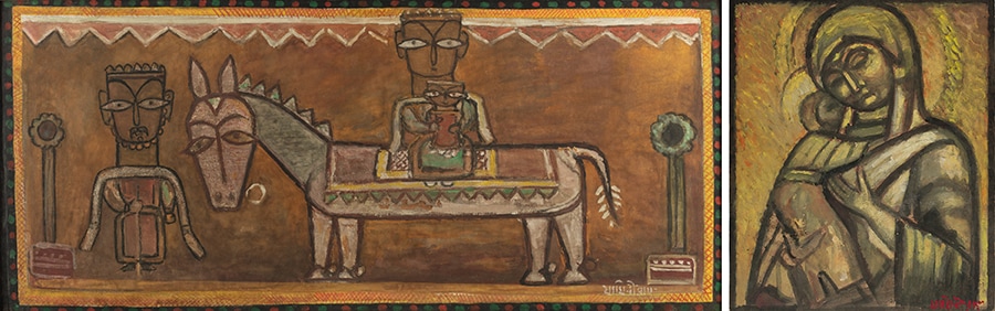 One of India's first modernists, Jamini Roy developed a unique aesthetic that balanced traditional Indian iconography and materials. From left:  Untitled (Flight into Egypt). Untitled (Madonna and Child)