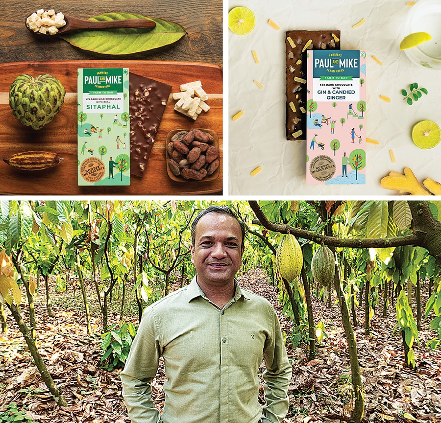 (Clockwise from top left) A cacao tree with fruits at one of the farms Manam sources from in West Godavari district; Soklet’s organic brewing cacao and arabica coffee; A cut cacao fruit shows the beans; cacao beans drying at Regal Plantations; Manam’s Indulgence collection
Image: Courtesy Soklet and Manam