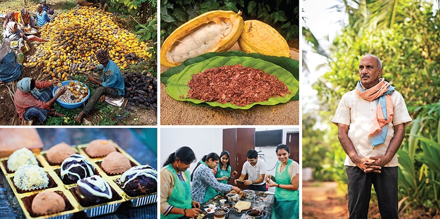 (Clockwise from top left) Cacao fruits being sorted at Chempotty Farms; the cacao tea produced at Chempotty Farms; Cacao farmer GVS Prasad, who was the first one to tie up with Manam;; ; Cocoatrait’s L Nitin Chordia at a Cocoashala workshop; zero-waste, organic chocolate produced by Cocoatrait Image: Courtesy Chempotty Farms & Cocoatrait