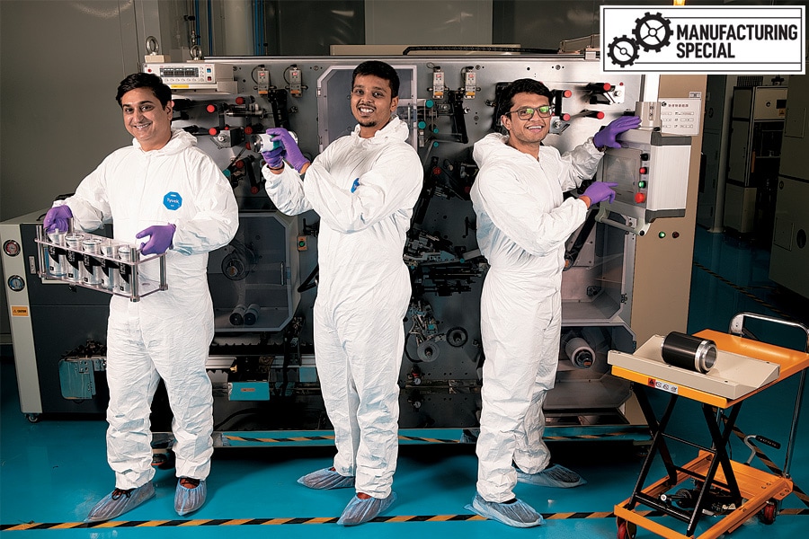 (From left) Co-founders Pankaj Sharma, Karthik Hajela and Akshay Singhal see Log9 as a deep-tech, nanotechnology company developing cell technologies ground-up. Image: Nishant Ratnakar for Forbes India