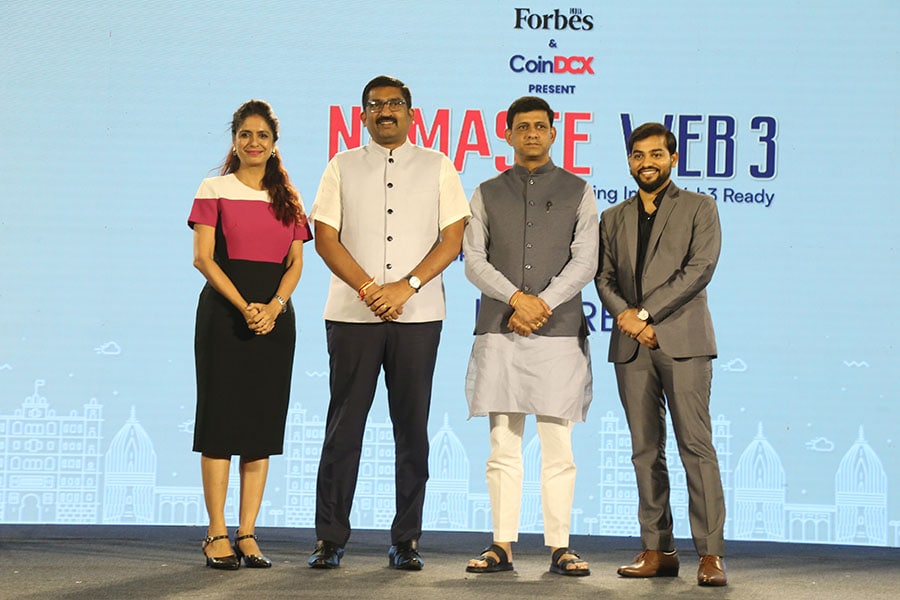 L-R:, Manisha Gupta, Editor - Commodities & Currencies for CNBC-TV18, P Narahari, Secretary and Commissioner, Department of Micro, Small & Medium Enterprises (MSME) Industries, Government of Madhya Pradesh, Pushyamitra Bhargav, Mayor, Nagar Nigam Indore, and Sumit Gupta, Co-founder, CoinDCX