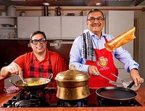 (Clockwise from left) MP Ahammed, Chairman, Malabar Gold & Diamonds; (left)Sunay Bhasin, CEO, MTR Foods and Sanjay Sharma, CEO, Orkla India; (L to R) Restaurateur Rohit Khattar with chefs Manish Mehrotra (right) and Shantanu Mehrotra (left); Dennis Woodside, CEO Freshworks