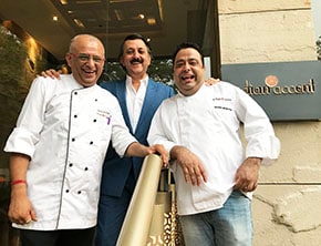 (Clockwise from left) MP Ahammed, Chairman, Malabar Gold & Diamonds; (left)Sunay Bhasin, CEO, MTR Foods and Sanjay Sharma, CEO, Orkla India; (L to R) Restaurateur Rohit Khattar with chefs Manish Mehrotra (right) and Shantanu Mehrotra (left); Dennis Woodside, CEO Freshworks