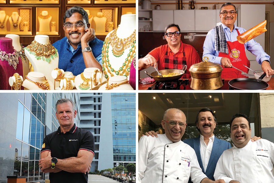 (Clockwise from left) MP Ahammed, Chairman, Malabar Gold & Diamonds; (left)Sunay Bhasin, CEO, MTR Foods and Sanjay Sharma, CEO, Orkla India; (L to R) Restaurateur Rohit Khattar with chefs Manish Mehrotra (right) and Shantanu Mehrotra (left); Dennis Woodside, CEO Freshworks