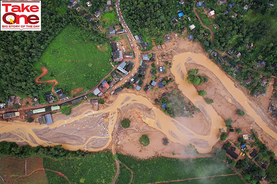 An aerial view shows the site of a landslide on July 31, 2024 in Chooralmala village, India. Heavy monsoon rains triggered massive landslides in Wayanad, Kerala.
Image: Abhishek Chinnappa/Getty Images