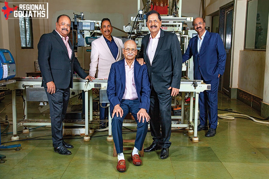 
From left: The second generation of JK Masale Group—Ashok Jain, Chandra Kumar Jain, Bhagchand Jain (seated), Jai Kumar Jain and Jitendra Jain
Image: Subrata Biswas for Forbes India