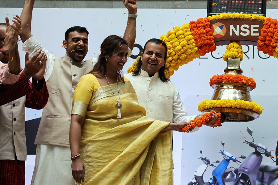 Bhavish Aggarwal, CEO of Ola Cabs and founder of Ola Electric and his wife, Rajalakshmi Aggarwal ring the bell during Ola Electric's listing ceremony at the National Stock Exchange (NSE) in Mumbai, India, August 9, 2024.
Image: Francis Mascarenhas / Reuters