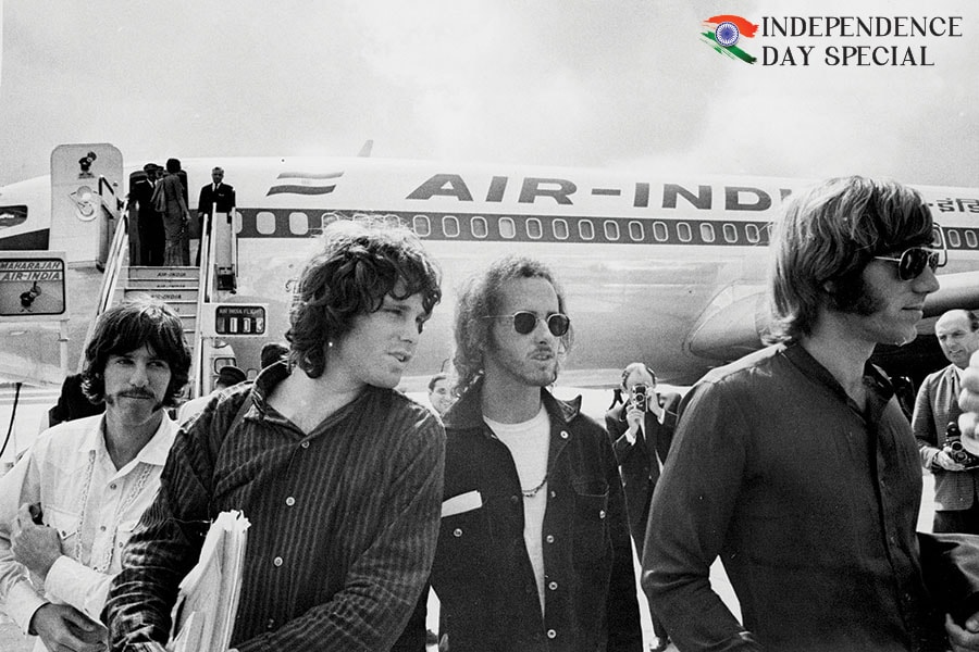 American rock group The Doors arrives at London’s Heathrow airport in an Air India flight in September 1968. (From left) Drummer John Densmore, lead vocalist Jim Morrison, guitarist Robby Krieger and keyboard player Ray Manzarek
Image: Leonard Trievnor/Mirrorpix via Getty Images