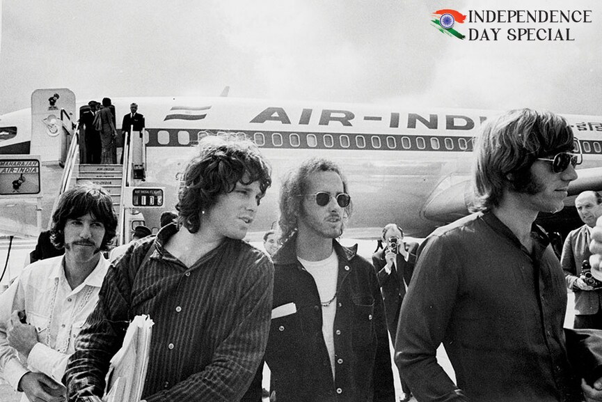 American rock group The Doors arrives at London’s Heathrow airport in an Air India flight in September 1968. (From left) Drummer John Densmore, lead vocalist Jim Morrison, guitarist Robby Krieger and keyboard player Ray Manzarek
Image: Leonard Trievnor/Mirrorpix via Getty Images