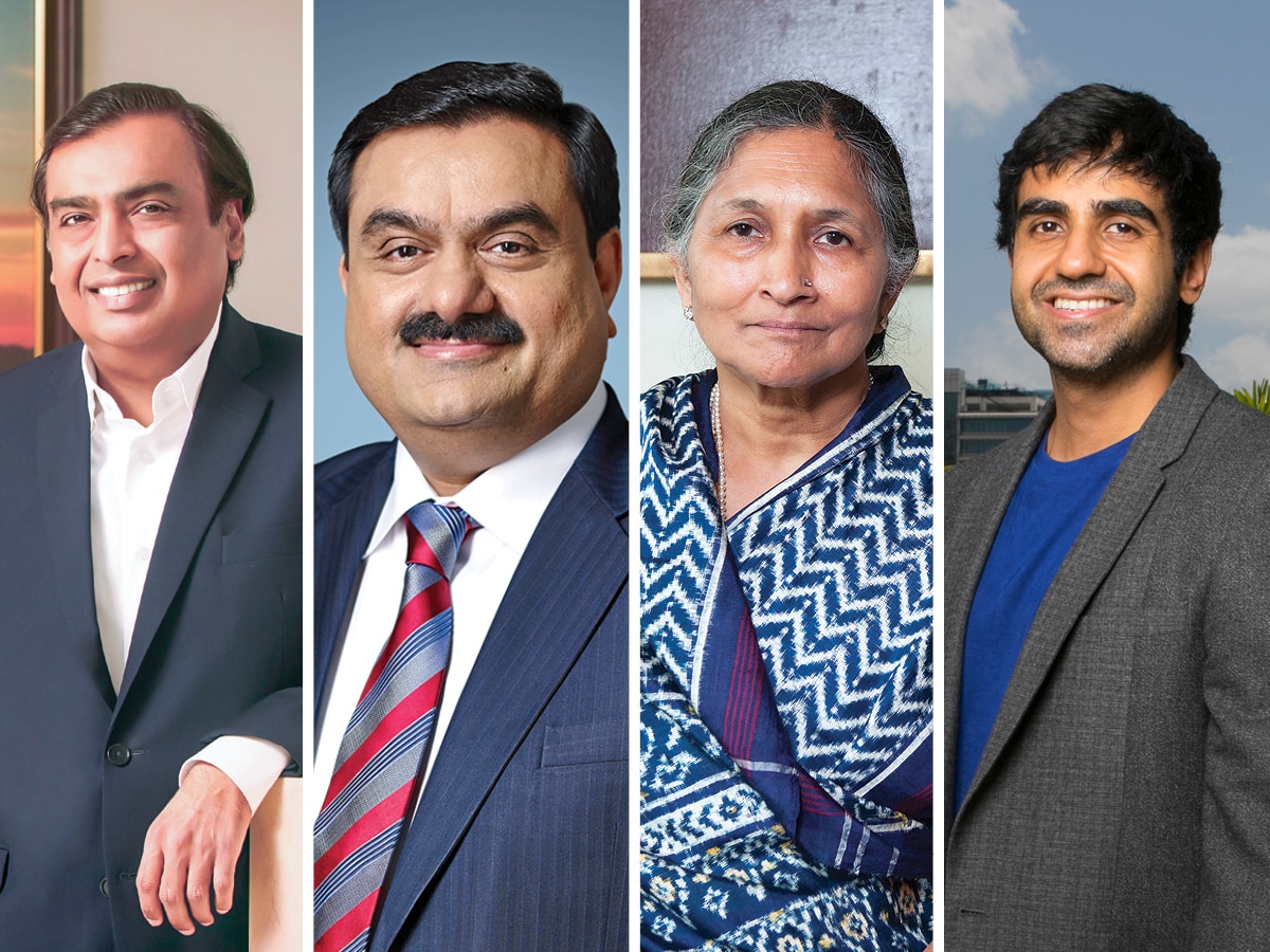 (L-R) Mukesh Ambani, chairman and managing director of Reliance Industries; Gautam Adani, founder and chairman of Adani Group; Savitri Jindal, chairperson emeritus, JSW Steel, and Nikhil Kamath, co-founder, Zerodha.