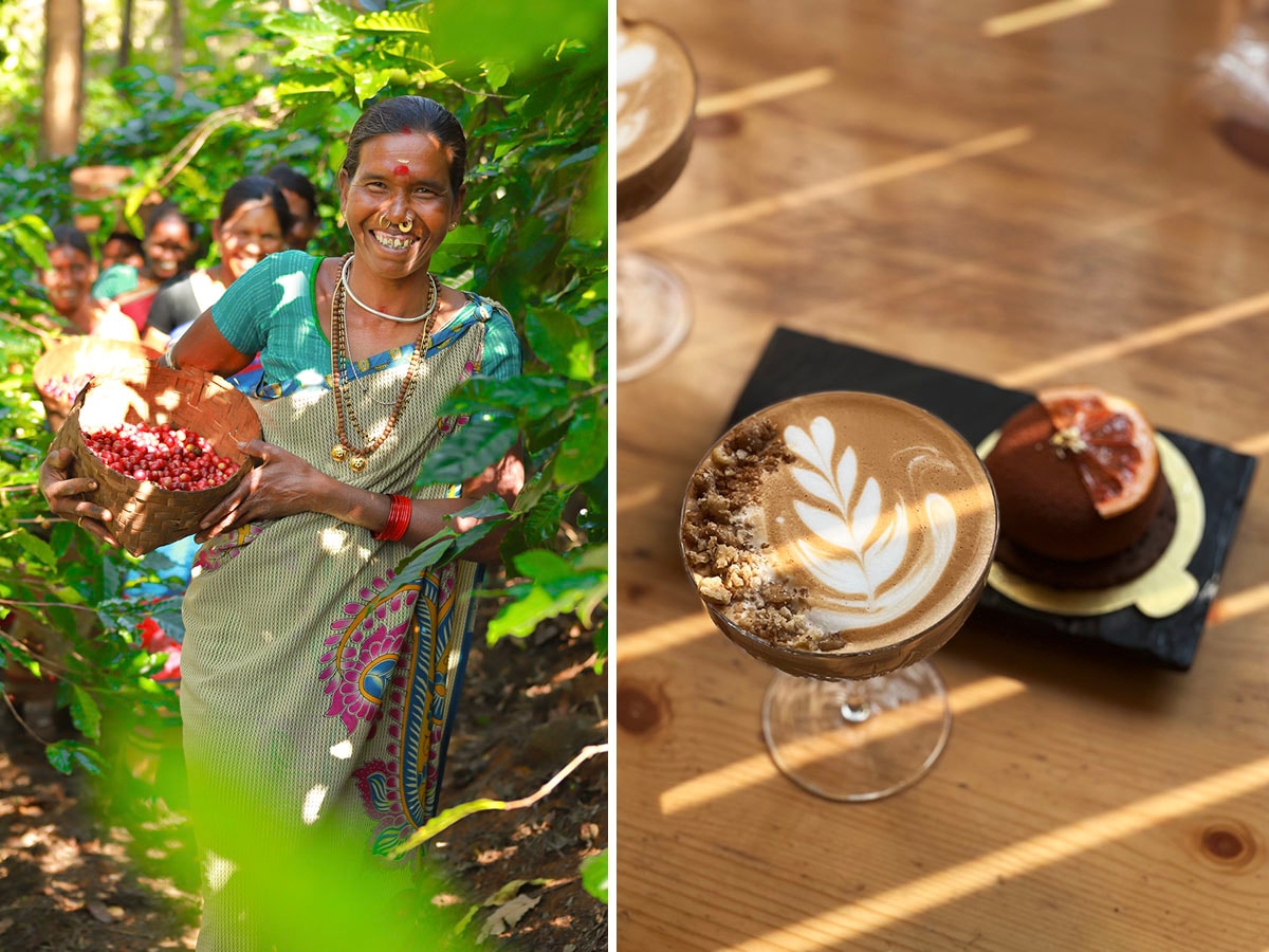 Workers at the Araku Coffee estate (left); Cinnamon butternut latte by Baba Beans 