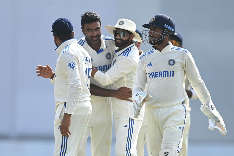 India bowler Ravi Ashwin celebrates after taking the wicket of England batsman Ben Duckett during day three of the 2nd Test Match between India  and England at ACA-VDCA Stadium on February 04, 2024 in Visakhapatnam, India. 
Image: Stu Forster/Getty Images 