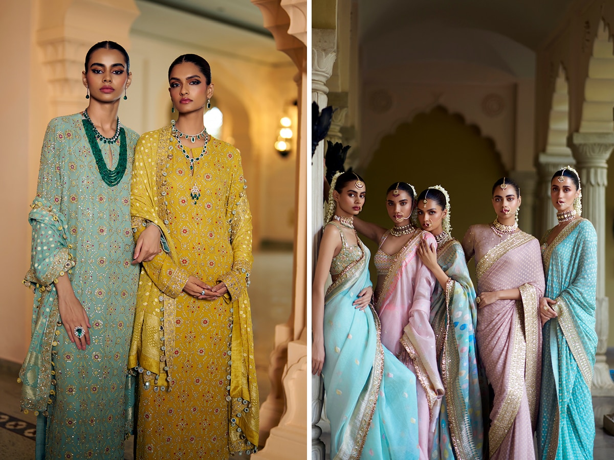 Nazara features versatile silhouettes like lehengas, capes, and rufle saris, which can be styled in multiple ways. Image credit: House of Pixels