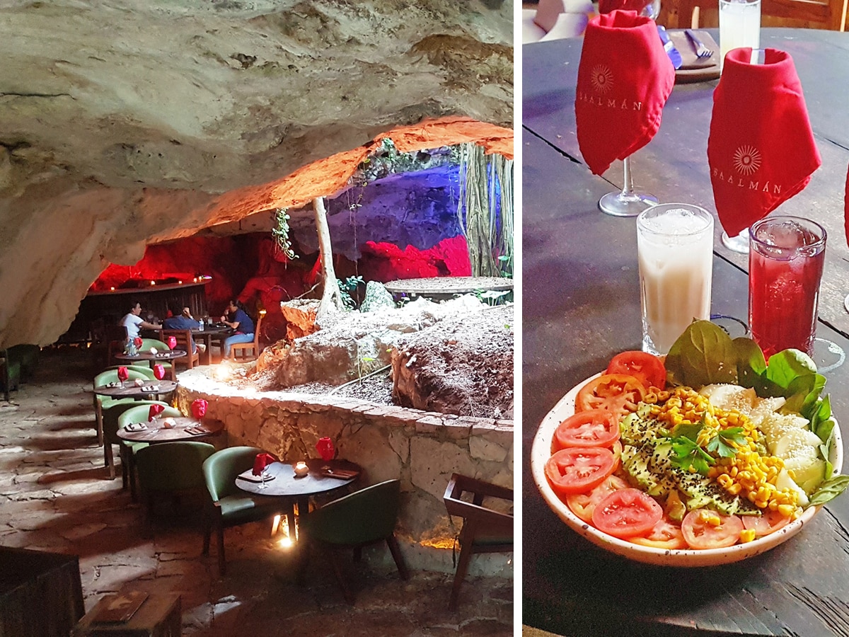 Baalmán is located in an ancient cave at Cenotes Casa Tortugas in Tulum. A salad made with locally-sourced ingredients and traditional beverages - an iced tea prepared using dried hibiscus flowers and a sweet non-alcoholic rice beverage
Image: Khursheed Dinshaw