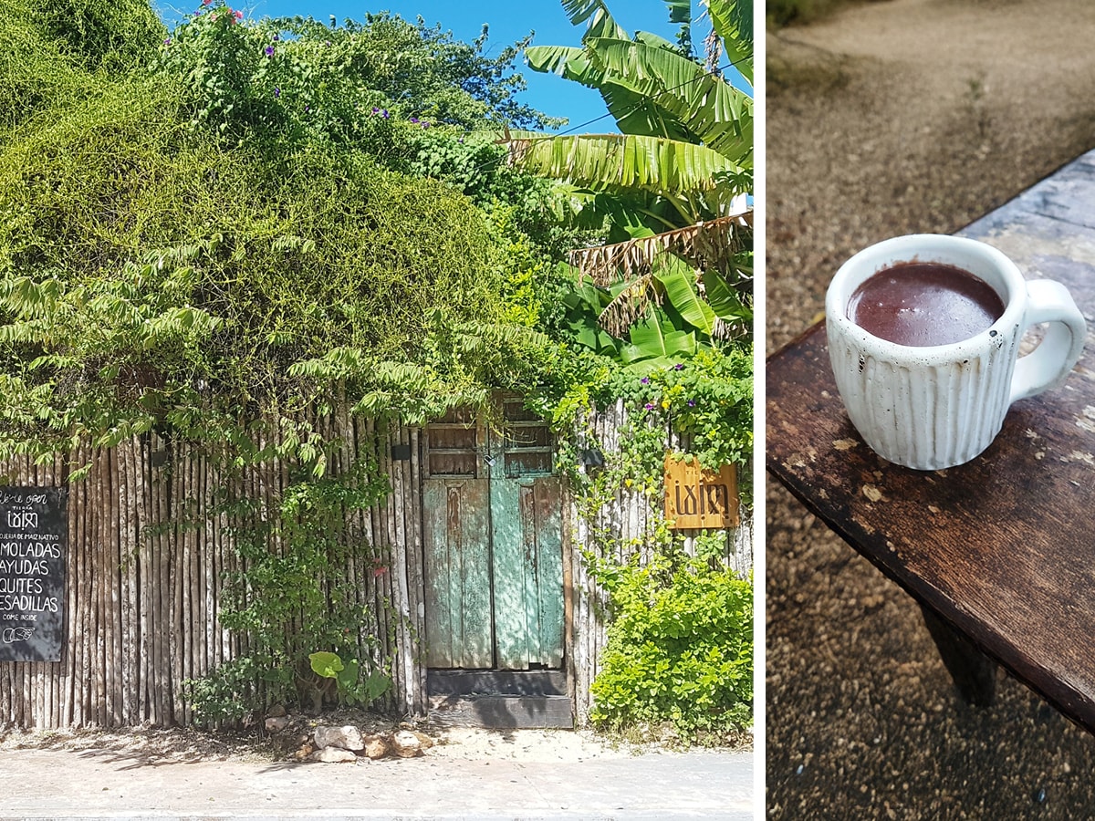 The exterior of Tierra Ixim restaurant in Bacalar.  Atole Negro, a hot drink made from cacao and corn dough
Image: Khursheed Dinshaw