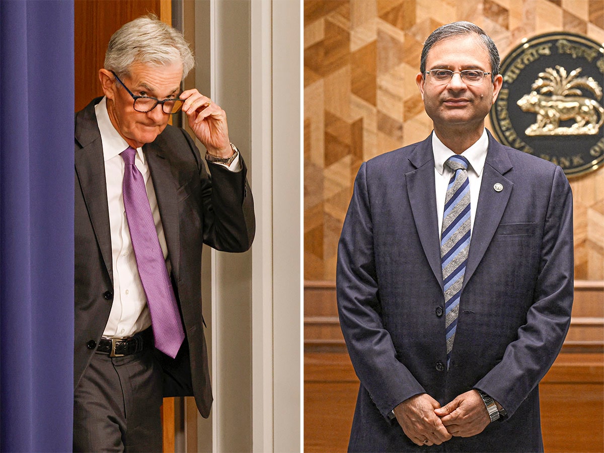 Federal Reserve Bank Chair Jerome Powell (left) and Reserve Bank of India governor Sanjay Malhotra. Images: Chip Somodevilla/Getty Images;  INDRANIL MUKHERJEE / AFP