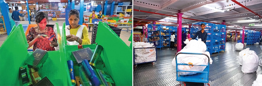 Beauty products being processed and dispatched at a Myntra warehouse in Bengaluru Image: Selvaprakash Lakshmanan for Forbes India