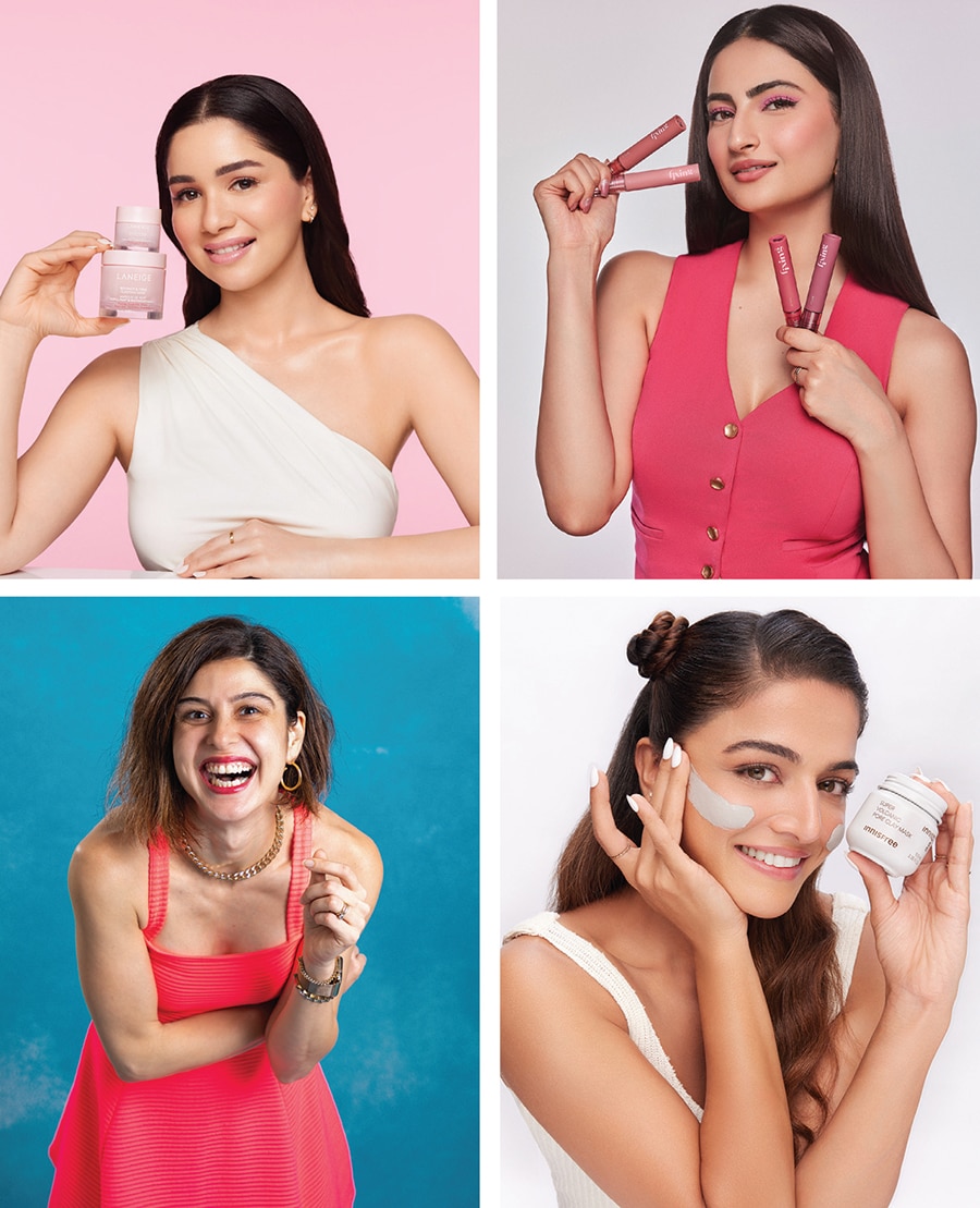  (Clockwise from top left) Sara Tendulkar, brand ambassador of Laneige; actor Palak Tiwari, ambassador of Etude; actor Wamiqa Gabbi, Innisfree’s first brand ambassador in India; influencer Scherezade Shroff