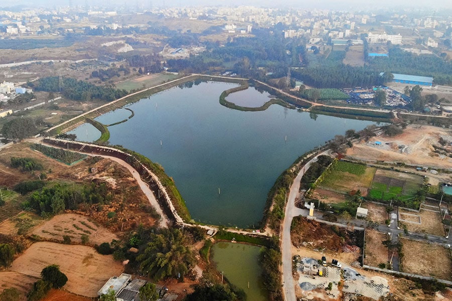 An aerial view of the restored Bingipura lake in Bengaluru An aerial view of the restored Bingipura lake in Bengaluru
Image: Idrees Mohammed / AFP©