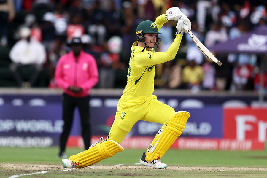 Hugh Weibgen of Australia plays a shot during the ICC U19 Men's Cricket World Cup South Africa 2024 Final between India and Australia at Willowmoore Park on February 11, 2024 in Benoni, South Africa.
Photo by Matthew Lewis-ICC/ICC via Getty Images