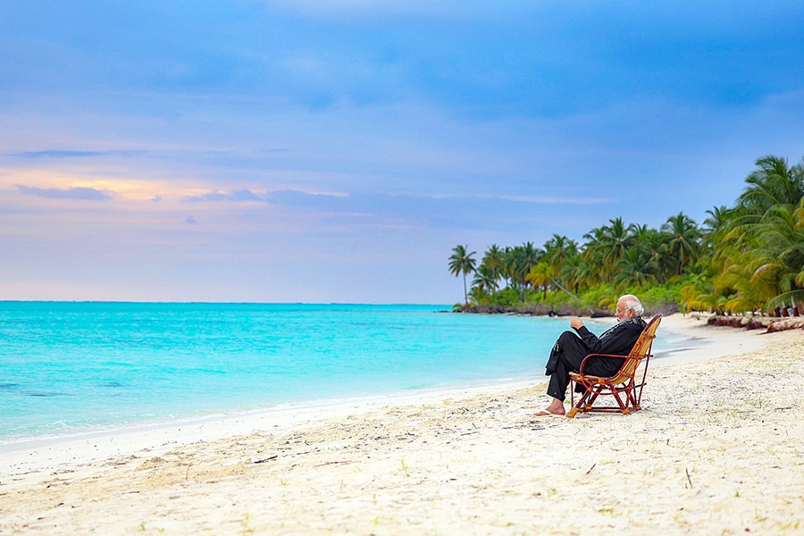 India's Prime Minister Narendra Modi at a beach in Lakshadweep. Image: @NARENDRAMODI/X