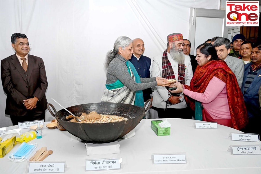 The Union Minister for Finance and Corporate Affairs, Smt. Nirmala Sitharaman commences Final stage of Union Budget 2024-25 with Halwa Ceremony, in New Delhi on January 24, 2024.