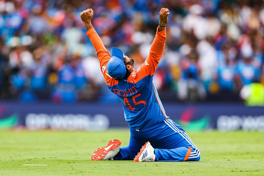 Rohit Sharma of India celebrates after the final ball of the ICC Men's T20 Cricket World Cup West Indies & USA 2024 Final match between South Africa and India at Kensington Oval on June 29, 2024 in Bridgetown, Barbados.
Image: Darrian Traynor-ICC/ICC via Getty Images 