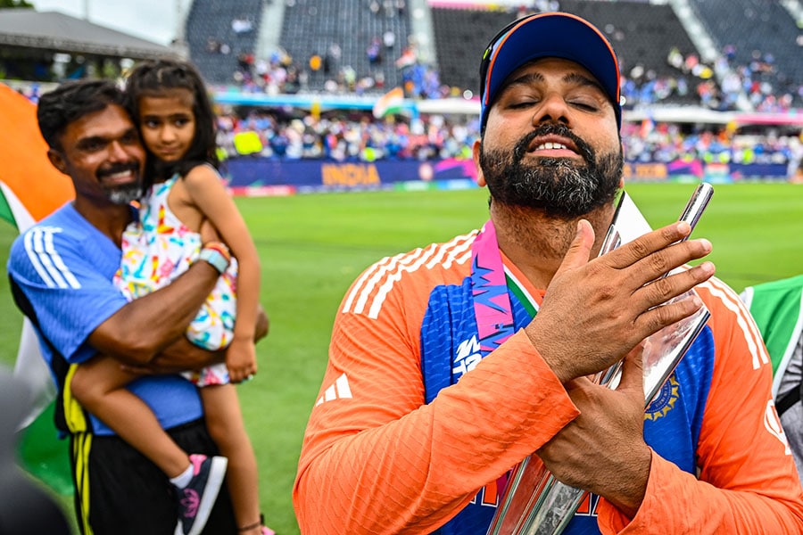 Rohit Sharma of India celebrates after the final ball of the ICC Men's T20 Cricket World Cup West Indies & USA 2024 Final match between South Africa and India at Kensington Oval on June 29, 2024 in Bridgetown, Barbados.
Image: Darrian Traynor-ICC/ICC via Getty Images 