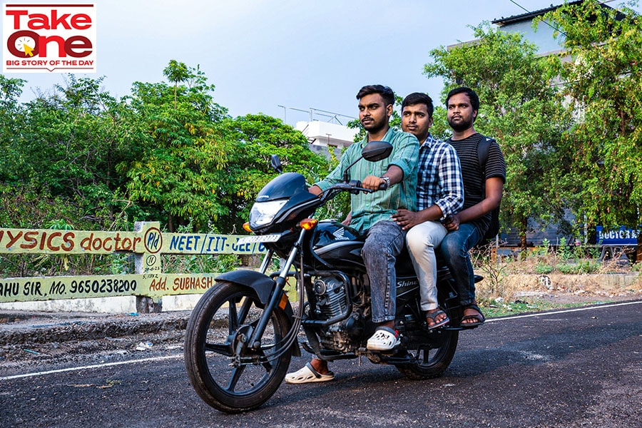 Bihar residents Lakshya Raj, Newton Kumar, and Mayank Shekhar (L-R) came to Kota with the dream of becoming doctors, but now stare at an uncertain future despite giving it their all in this year's NEET examination. Image: Madhu Kapparath 