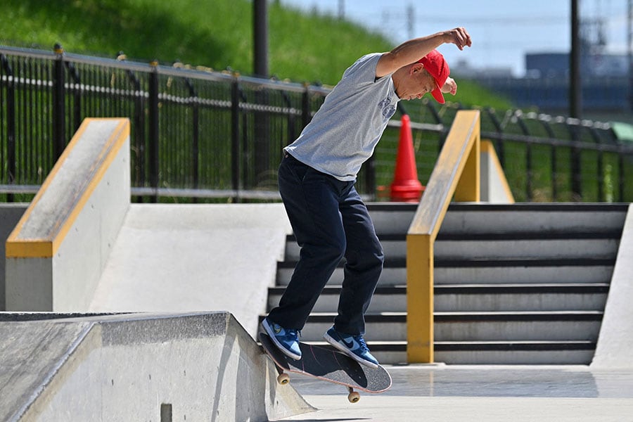 Japan skateboarding national team coach Daisuke Hayakawa performing during an interview with AFP at a skateboard training area in Tokyo
Image: Kazuhiro Nogi / AFP©