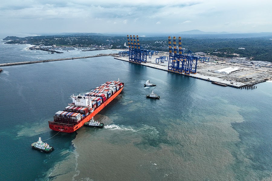 San Fernando, the 300-meter-long container vessel operated by Maersk arrives at Vizhinjam International Seaport on July 11