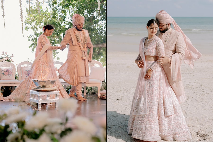 The Andaman Islands, with their crystal-clear waters and pristine beaches, seemed like the perfect picturesque setting for Saumitra Bhatkhalkar and Sharmin Wade's wedding. Courtesy - Shaadi Squad, Photography - Naman Verma