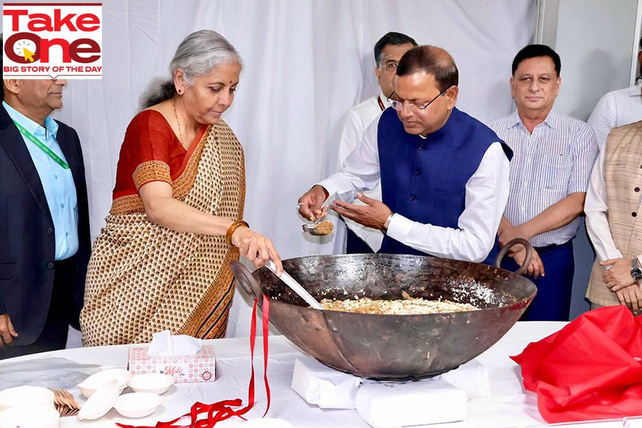 Union Finance Minister Nirmala Sitharaman with Union Minister of State for Finance Pankaj Chaudhary during the 'Halwa' ceremony to mark the final stage of Union Budget 2024-25, in New Delhi. July, 16th, 2024.( Image: PTI Photo  