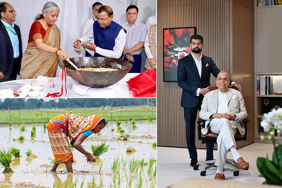 Clockwise: Finance Minister Nirmala Sitharaman with Union Minister of State for Finance Pankaj Chaudhary during the 'Halwa' ceremony to mark the final stage of Union Budget 2024-25; (Sitting) PNC Menon, Chairman Emeritus, Sobha Limited and Ravi Menon, Chairman Sobha Limited; farmer working in a rice paddy