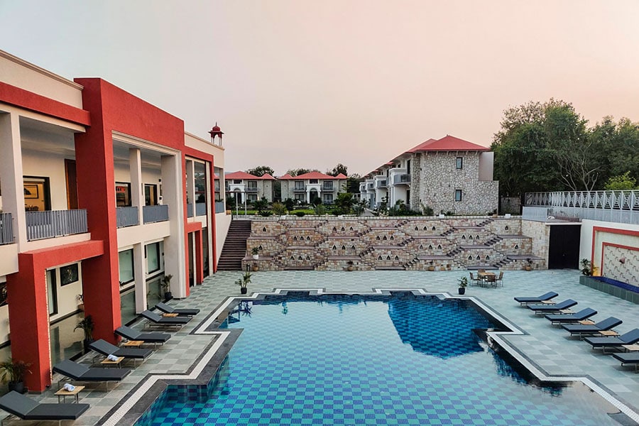 The poolside wall at Bookmark Resort Jogi Mahal, Ranthambore, adds a lot of character to the area.
Image: Garima Verma