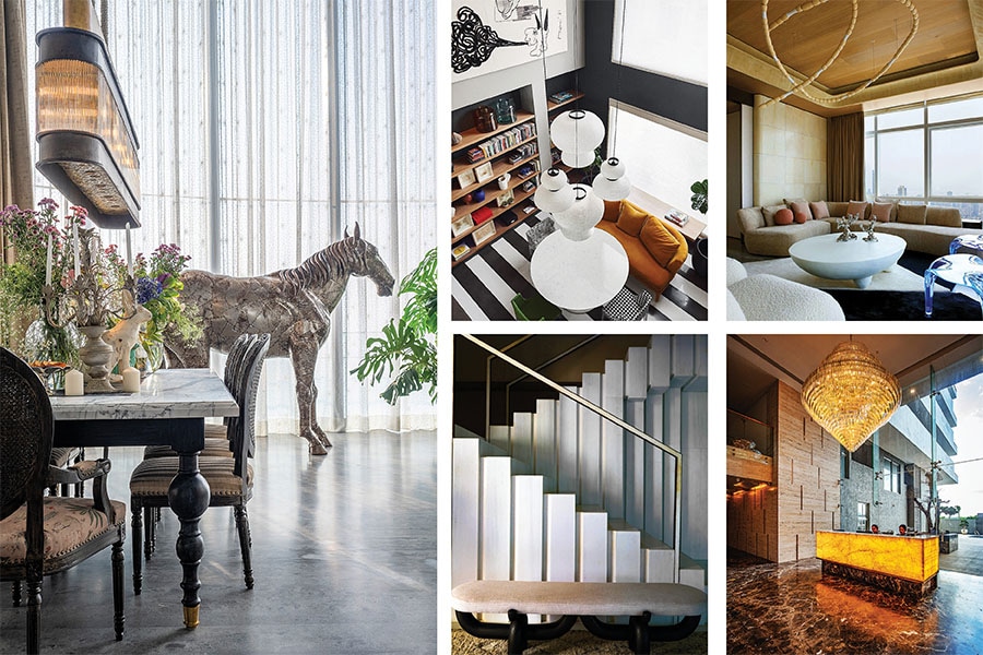 Clockwise from left: The metal horse serves as an eccentric statement piece in the interiors designed by The Orange Lane (Image: Kuber); A cluster of Formakami rice paper lamps serves as the centerpiece of the lounge on the first floor of the New Friends Colony apartment designed by Vaishali Kamdar Associates (Image: Suleiman Merchant); The Altamount Road residence designed by Atelier Ashiesh Shah combines muted tones with handcrafted treasures, creating an ambiance reminiscent of an art gallery (Image: Bjorn Wallander); The lobby at the high-rise, The First by DSR, designed by NA Architects; The sculptural marble staircase with brass railings at the residence in Udaipur designed by Atelier Ashiesh Shah (Image: Ashish Sahi)