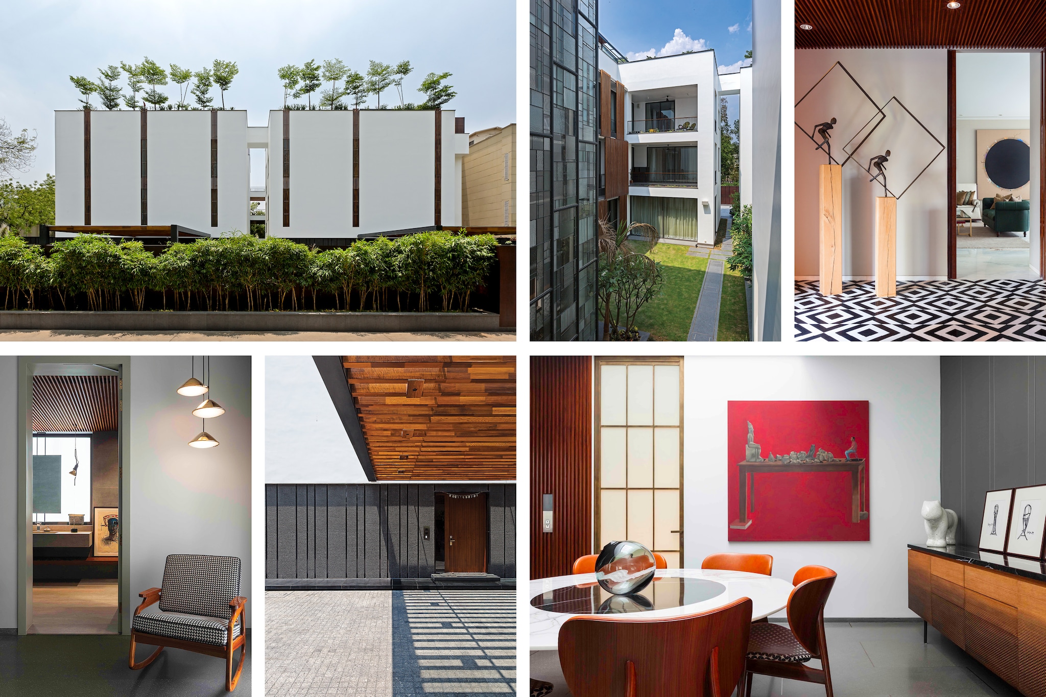 Clockwise from left: The metal horse serves as an eccentric statement piece in the interiors designed by The Orange Lane (Image: Kuber); A cluster of Formakami rice paper lamps serves as the centerpiece of the lounge on the first floor of the New Friends Colony apartment designed by Vaishali Kamdar Associates (Image: Suleiman Merchant); The Altamount Road residence designed by Atelier Ashiesh Shah combines muted tones with handcrafted treasures, creating an ambiance reminiscent of an art gallery (Image: Bjorn Wallander); The lobby at the high-rise, The First by DSR, designed by NA Architects; The sculptural marble staircase with brass railings at the residence in Udaipur designed by Atelier Ashiesh Shah (Image: Ashish Sahi)