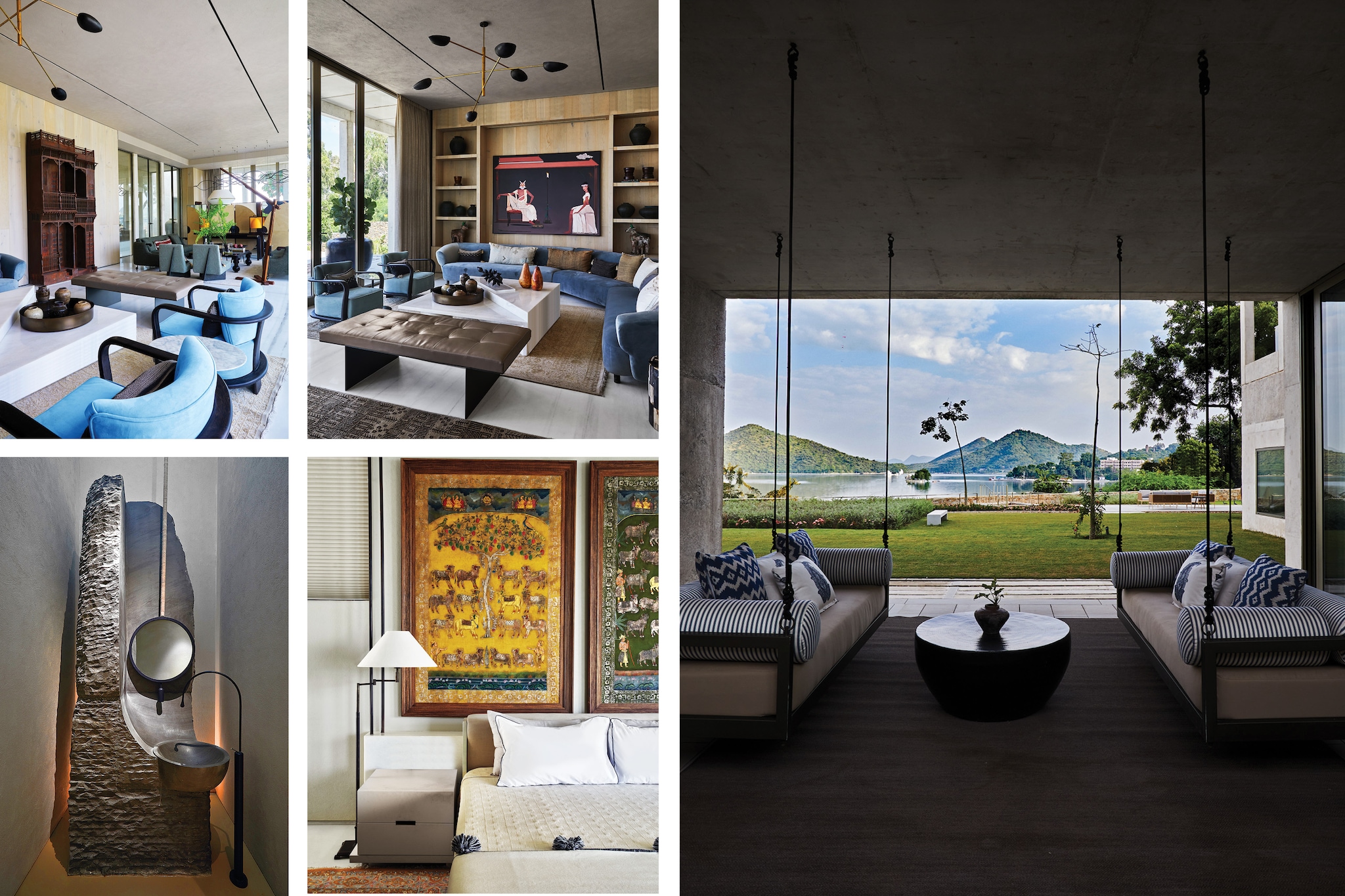 Clockwise from left: The metal horse serves as an eccentric statement piece in the interiors designed by The Orange Lane (Image: Kuber); A cluster of Formakami rice paper lamps serves as the centerpiece of the lounge on the first floor of the New Friends Colony apartment designed by Vaishali Kamdar Associates (Image: Suleiman Merchant); The Altamount Road residence designed by Atelier Ashiesh Shah combines muted tones with handcrafted treasures, creating an ambiance reminiscent of an art gallery (Image: Bjorn Wallander); The lobby at the high-rise, The First by DSR, designed by NA Architects; The sculptural marble staircase with brass railings at the residence in Udaipur designed by Atelier Ashiesh Shah (Image: Ashish Sahi)