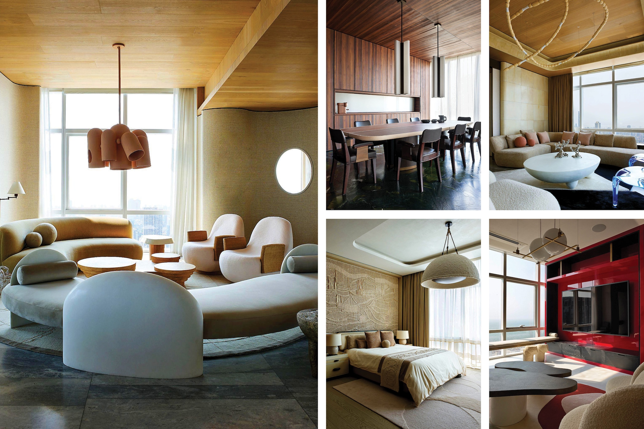 Clockwise from left: The metal horse serves as an eccentric statement piece in the interiors designed by The Orange Lane (Image: Kuber); A cluster of Formakami rice paper lamps serves as the centerpiece of the lounge on the first floor of the New Friends Colony apartment designed by Vaishali Kamdar Associates (Image: Suleiman Merchant); The Altamount Road residence designed by Atelier Ashiesh Shah combines muted tones with handcrafted treasures, creating an ambiance reminiscent of an art gallery (Image: Bjorn Wallander); The lobby at the high-rise, The First by DSR, designed by NA Architects; The sculptural marble staircase with brass railings at the residence in Udaipur designed by Atelier Ashiesh Shah (Image: Ashish Sahi)