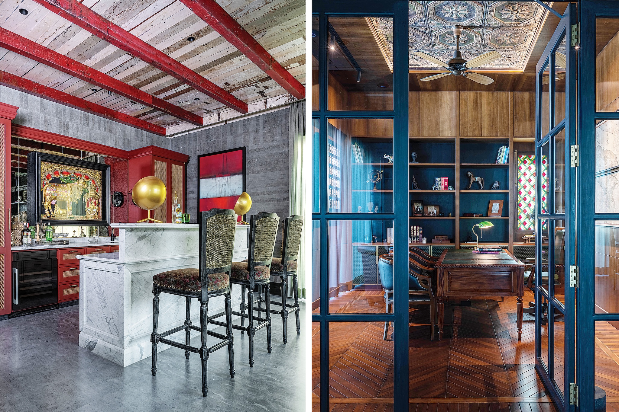 Clockwise from left: The metal horse serves as an eccentric statement piece in the interiors designed by The Orange Lane (Image: Kuber); A cluster of Formakami rice paper lamps serves as the centerpiece of the lounge on the first floor of the New Friends Colony apartment designed by Vaishali Kamdar Associates (Image: Suleiman Merchant); The Altamount Road residence designed by Atelier Ashiesh Shah combines muted tones with handcrafted treasures, creating an ambiance reminiscent of an art gallery (Image: Bjorn Wallander); The lobby at the high-rise, The First by DSR, designed by NA Architects; The sculptural marble staircase with brass railings at the residence in Udaipur designed by Atelier Ashiesh Shah (Image: Ashish Sahi)