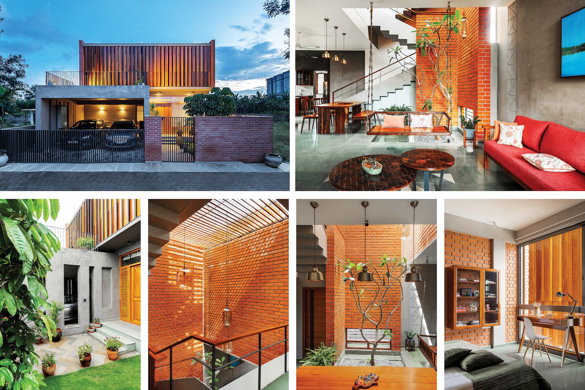 Clockwise from left: The metal horse serves as an eccentric statement piece in the interiors designed by The Orange Lane (Image: Kuber); A cluster of Formakami rice paper lamps serves as the centerpiece of the lounge on the first floor of the New Friends Colony apartment designed by Vaishali Kamdar Associates (Image: Suleiman Merchant); The Altamount Road residence designed by Atelier Ashiesh Shah combines muted tones with handcrafted treasures, creating an ambiance reminiscent of an art gallery (Image: Bjorn Wallander); The lobby at the high-rise, The First by DSR, designed by NA Architects; The sculptural marble staircase with brass railings at the residence in Udaipur designed by Atelier Ashiesh Shah (Image: Ashish Sahi)