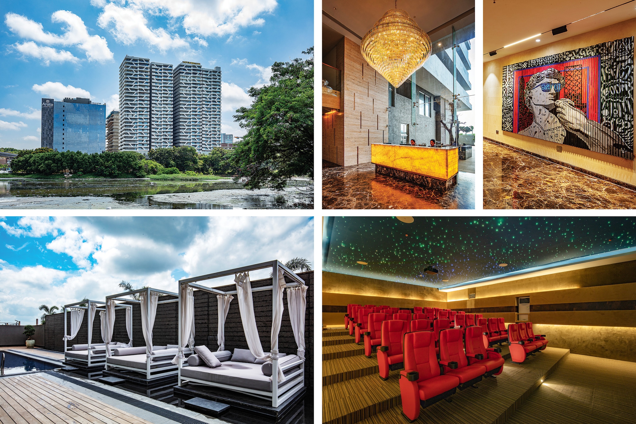 Clockwise from left: The metal horse serves as an eccentric statement piece in the interiors designed by The Orange Lane (Image: Kuber); A cluster of Formakami rice paper lamps serves as the centerpiece of the lounge on the first floor of the New Friends Colony apartment designed by Vaishali Kamdar Associates (Image: Suleiman Merchant); The Altamount Road residence designed by Atelier Ashiesh Shah combines muted tones with handcrafted treasures, creating an ambiance reminiscent of an art gallery (Image: Bjorn Wallander); The lobby at the high-rise, The First by DSR, designed by NA Architects; The sculptural marble staircase with brass railings at the residence in Udaipur designed by Atelier Ashiesh Shah (Image: Ashish Sahi)