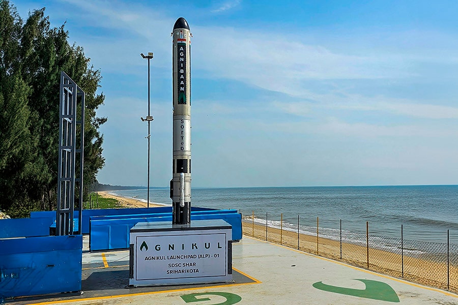 Agnibaan Suborbital Technological Demonstrator (SOrTeD) rocket of Chennai-based Agnikul Cosmos sits on the launch pad at Satish Dhawan Space Centre, in Sriharikota. Image: PTI Photo