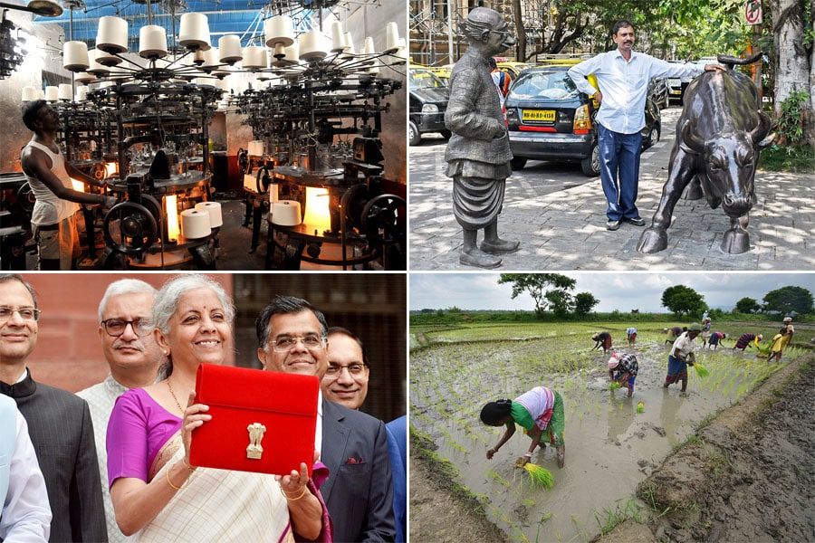 Clockwise: A labourer works in a Hosiery mill in Kolkata; A man poses for a photo next to the statue of the bull near the Bombay Stock Exchange (BSE) building; Farmers plant rice saplings at a paddy field in Nagaon District of Assam; Finance Minister Nirmala Sitharaman (C) holds a folder containing Union Budget documents