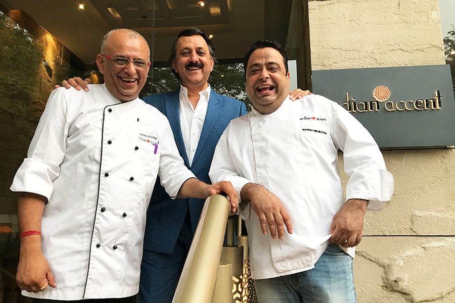 (L to R) Restaurateur Rohit Khattar with chefs Manish Mehrotra (right) and Shantanu Mehrotra (left). The team has been behind Indian Accent's stellar success for 15 years and redefined 