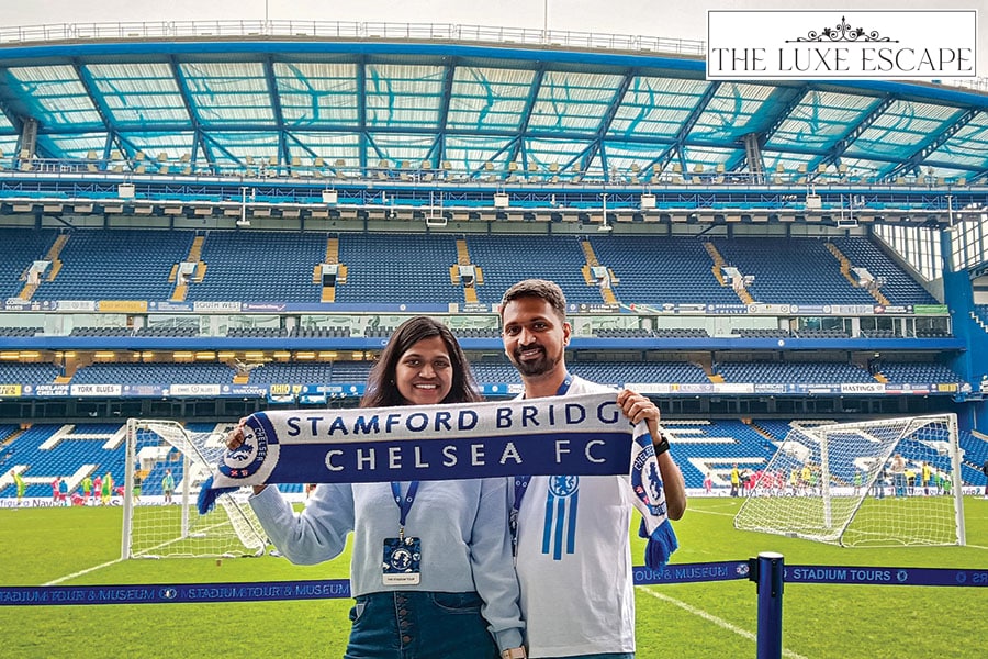 (Left) Chelsea fans Prathamesh Mulye and Shruti Venkatesh on a guided stadium tour at Stamford Bridge