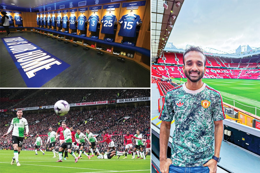 (Left) Chelsea fans Prathamesh Mulye and Shruti Venkatesh on a guided stadium tour at Stamford Bridge