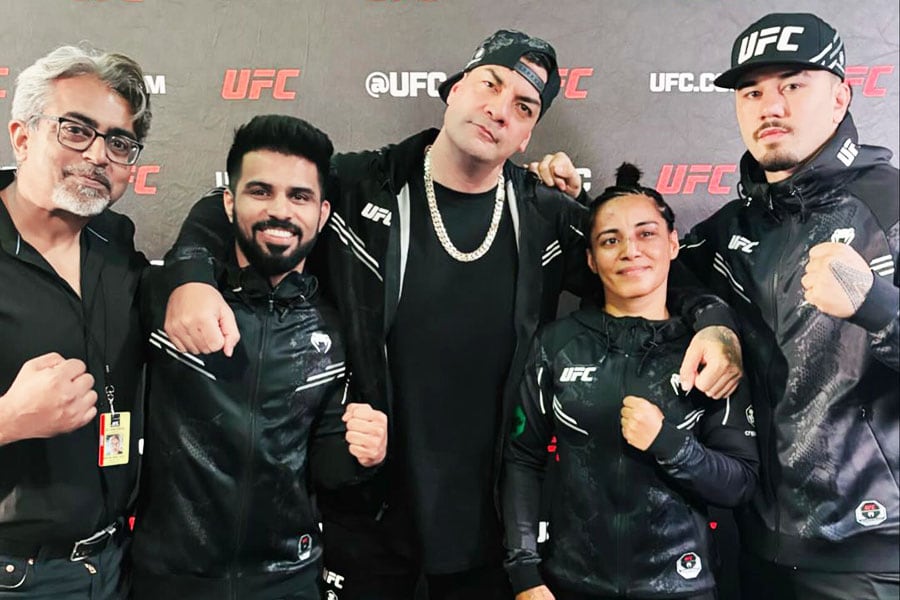 Puja Tomar of India reacts after her victory against Rayanne dos Santos of Brazil in a strawweight fight during the UFC Fight Night event at KFC YUM! Center on June 08, 2024 in Louisville, Kentucky.
Image: Jeff Bottari/Zuffa LLC via Getty Images 