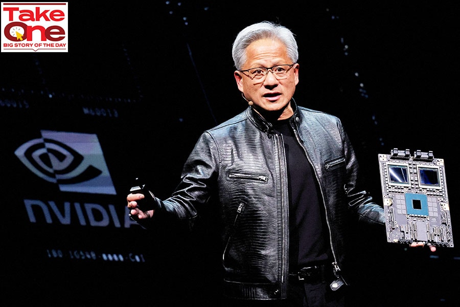 Nvidia CEO Jensen Huang presents their Blackwell platform at an event ahead of the COMPUTEX forum, in Taipei, Taiwan June 2, 2024. Image: Reuters/Ann Wang