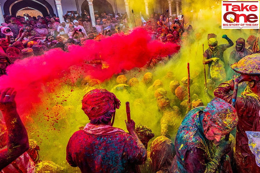 Adventure travel is seeing a surge in interest, particularly for unique experiences such the playful-yet-traditional Lathmar Holi in Mathura and Vrindavan for the upcoming long weekend due to Holi and Good Friday. Image: Saurabh Sirohiya/NurPhoto via Getty Images